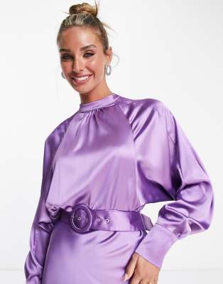 Object long sleeve belted midi dress in lilac