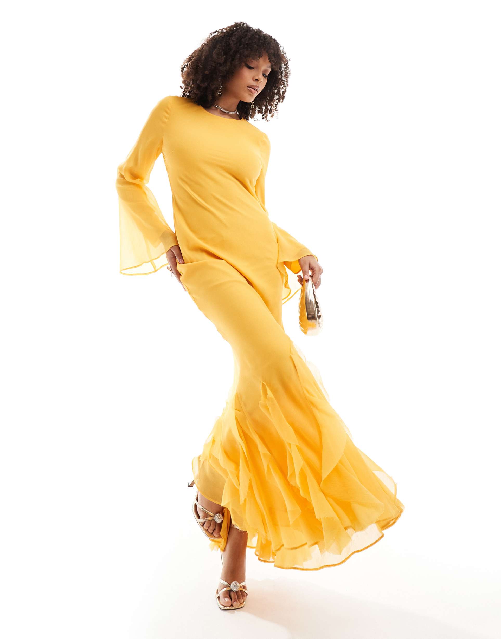 asos design long sleeve bias chiffon maxi dress with ruffles in orange