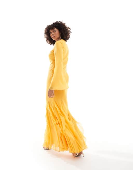 ASOS DESIGN long sleeve bias chiffon maxi dress with ruffles in orange, 4 of 4