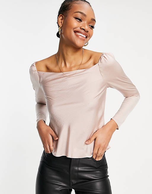  long sleeve bias cut satin blouse with cowl neck in rose gold 