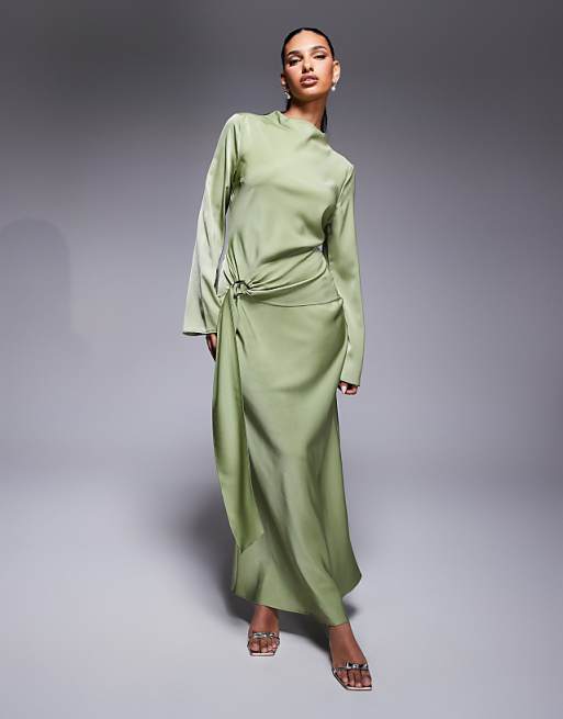 green satin maxi dress Olive Amalia 5 Longer At Back Heart Of Glass Satin Maxi