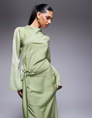 ASOS DESIGN long sleeve bias cut satin maxi dress with d-ring buckle in soft green