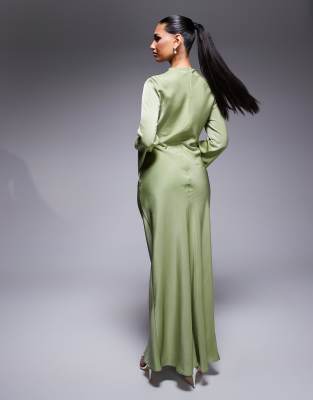 ASOS DESIGN long sleeve bias cut satin maxi dress with d-ring buckle in soft green
