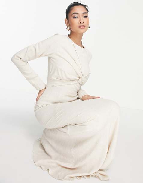 ASOS DESIGN long sleeve bias maxi dress with twist front detail in stone - view 1