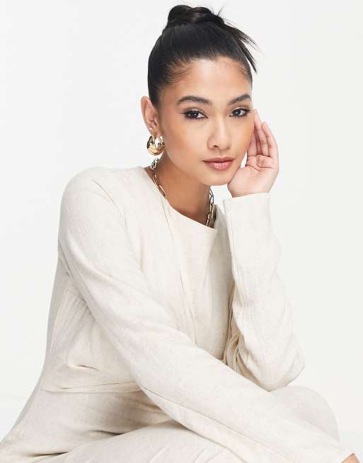 ASOS DESIGN long sleeve bias maxi dress with twist front detail in stone, 4 of 4