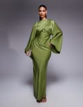 [ASOS DESIGN] ASOS DESIGN long sleeve bias satin maxi dress with d-ring buckle in soft green 16 Soft green