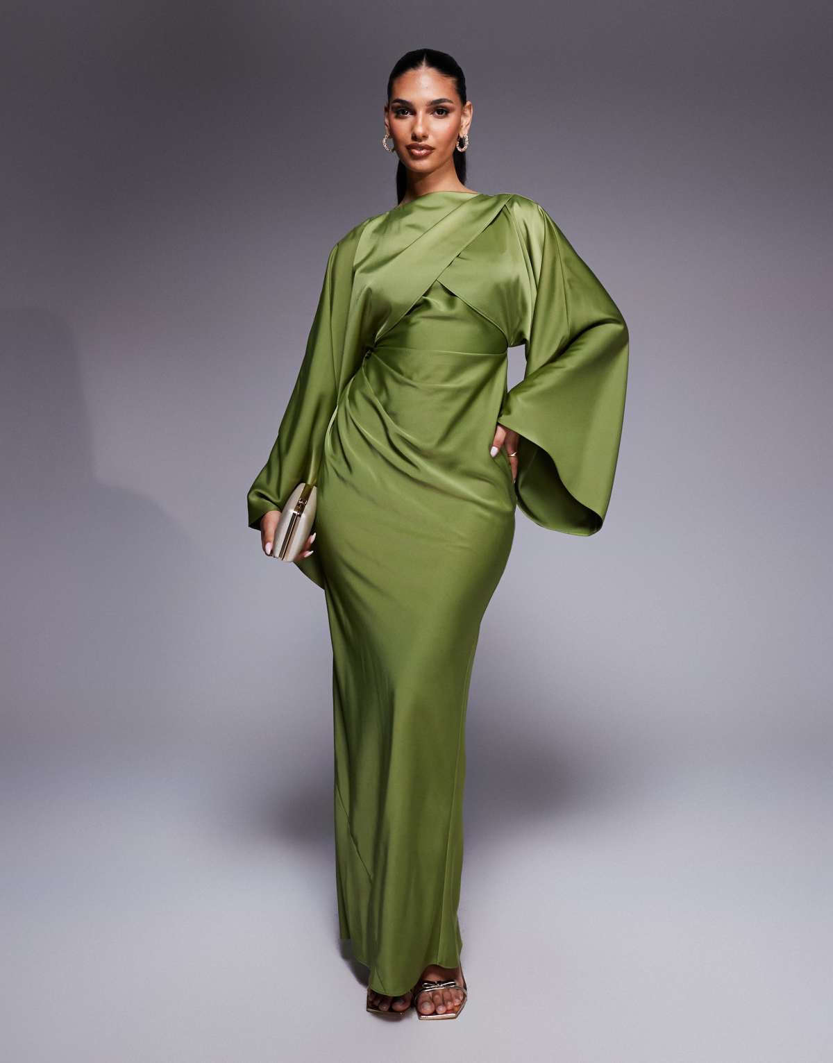 ASOS DESIGN long sleeve bias satin maxi dress with d-ring buckle in soft green