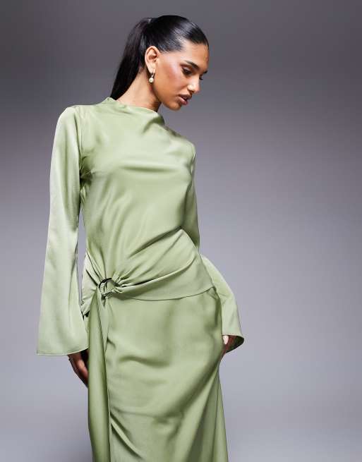 ASOS DESIGN long sleeve bias cut satin maxi dress with d-ring buckle in soft green