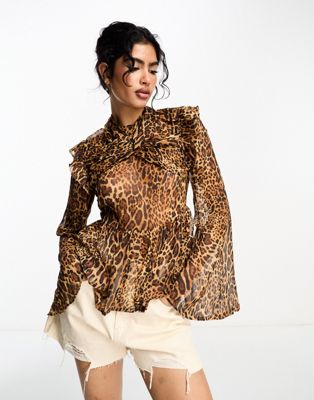 ASOS DESIGN long sleeve blouse with drape twist neck in leopard print