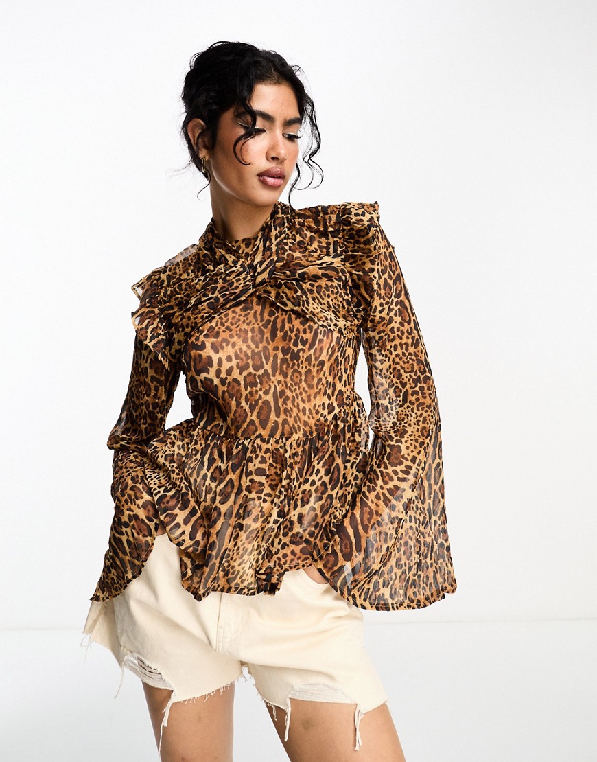 ASOS DESIGN long sleeve blouse with drape twist neck in leopard print-Multi