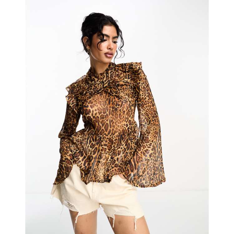 ASOS DESIGN leopard longline blouse with button front in multi