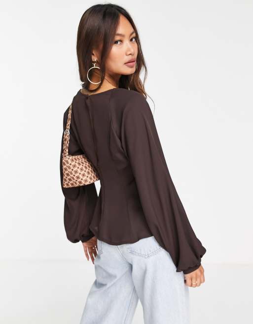 ASOS DESIGN long sleeve blouse with neck tie detail and ruched front keyhole in brown, 2 of 4