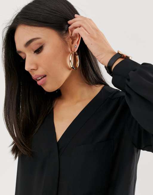 ASOS DESIGN long sleeve v neck top with kimono sleeves and tie front in  black