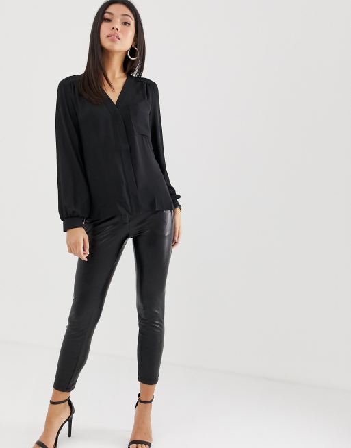 ASOS Long Sleeve Deep V Neck Blouse in Black