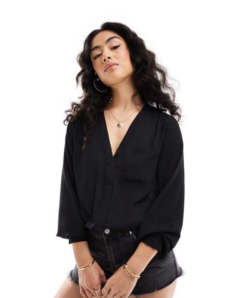 Blouson Sleeve V-Neck Blouse - Black / XXS