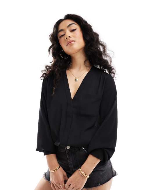 ASOS DESIGN long sleeve blouse with pocket detail in Black