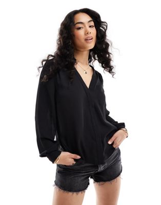 Asos Design Long Sleeve Blouse With Pocket Detail In Black