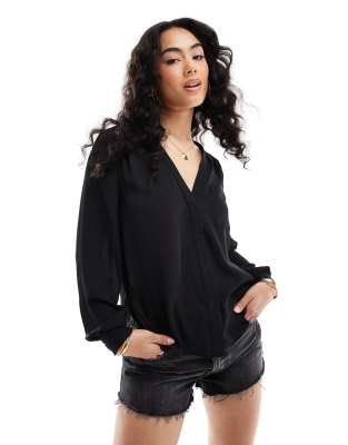 Asos Design Long Sleeve Blouse With Pocket Detail In Black