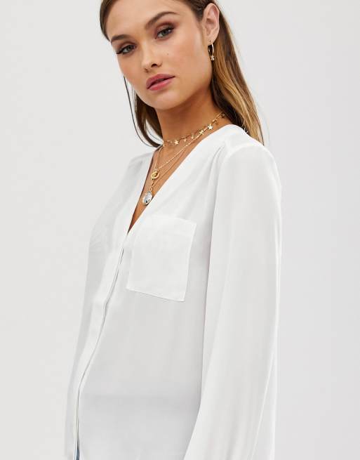 ASOS DESIGN long sleeve blouse with pocket detail in Black