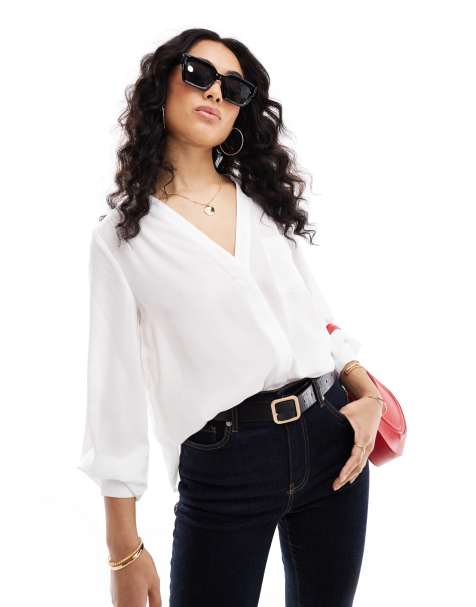 ASOS DESIGN long sleeve blouse with pocket detail in ivory