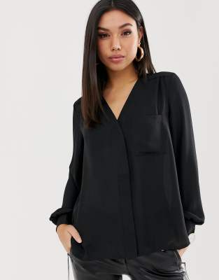 Asos Design Long Sleeve Blouse With Pocket Detail In Black In Black
