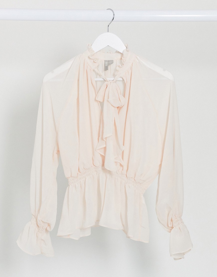 ASOS DESIGN long sleeve blouse with pussybow and shirred waist in cream