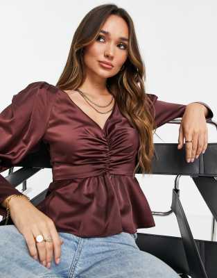 ASOS DESIGN long sleeve blouse with ruched front and volume sleeve in ...
