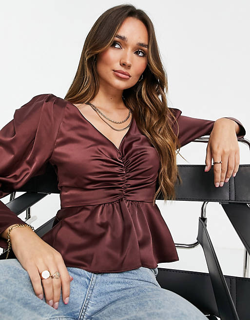 Women Shirts & Blouses/long sleeve blouse with ruched front and volume sleeve in wine 