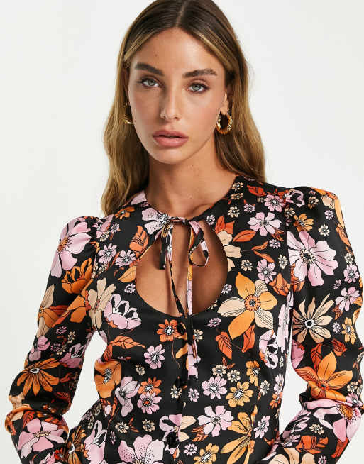 ASOS DESIGN long sleeve blouse with scoop neck cut-out and tie detail in  orange print