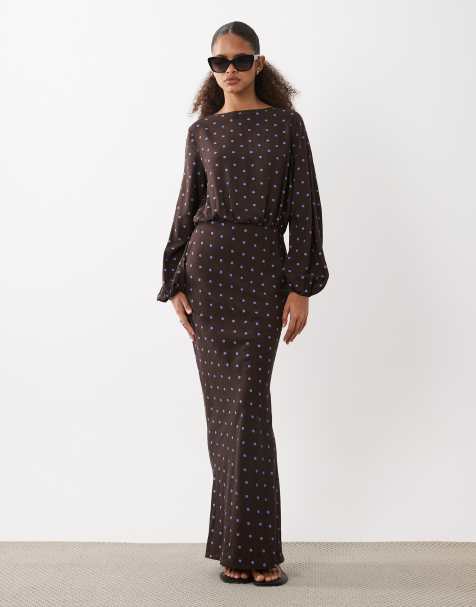 ASOS DESIGN long sleeve blouson maxi dress in chocolate and blue spot print - view 1