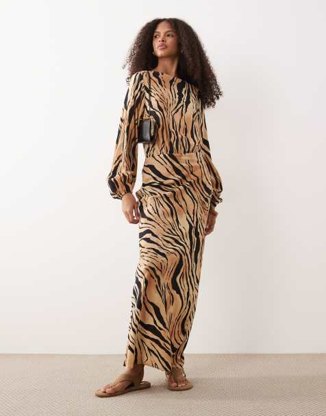 ASOS DESIGN long sleeve blouson maxi dress in mono animal print - view 1