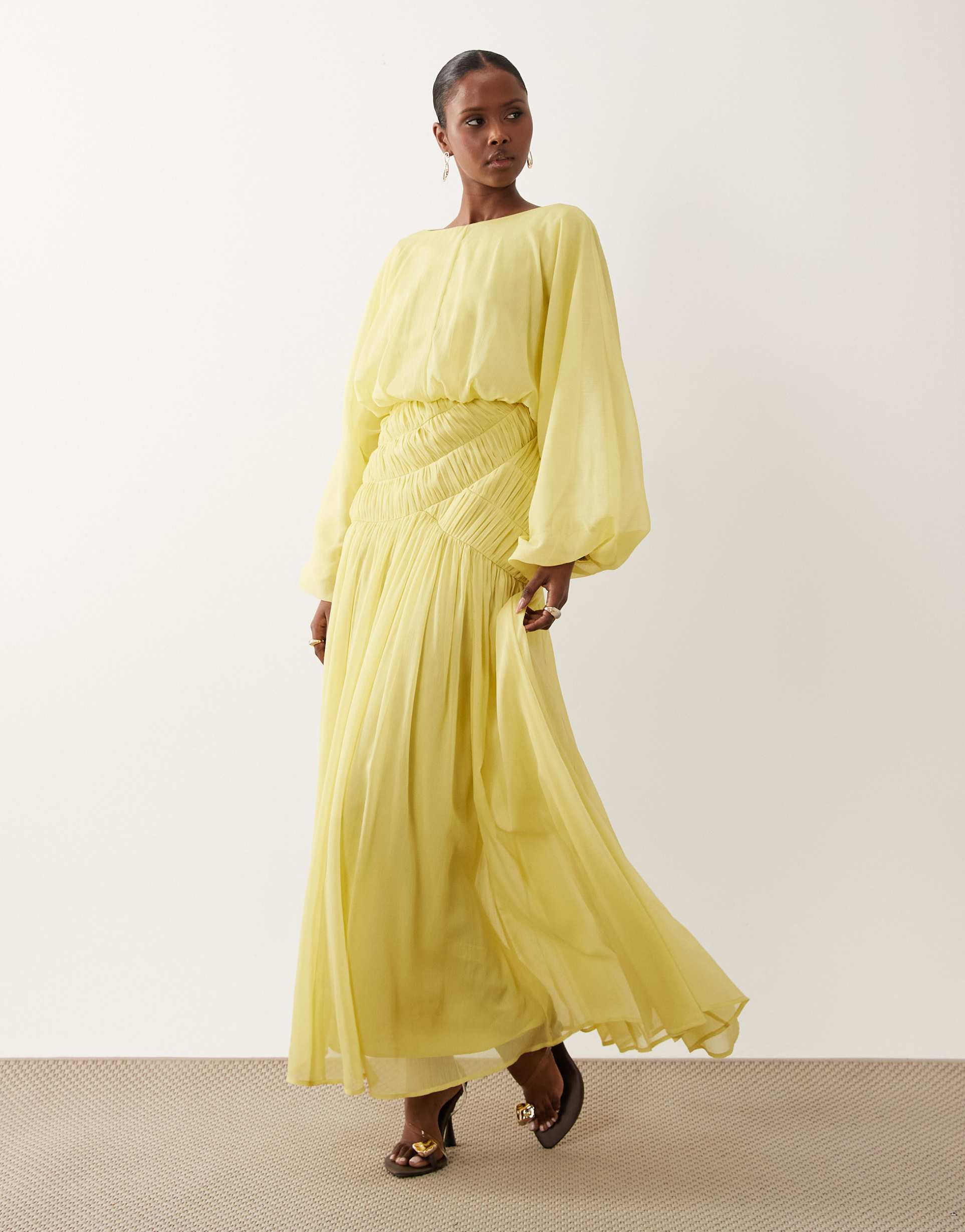 asos design long sleeve blouson maxi dress with gauged ruched waist detail in lime