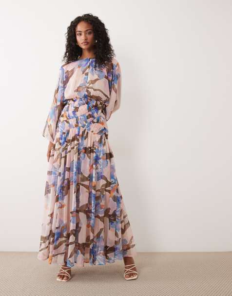 ASOS DESIGN long sleeve blouson maxi dress with gauged ruched waist detail in romantic floral print - view 1