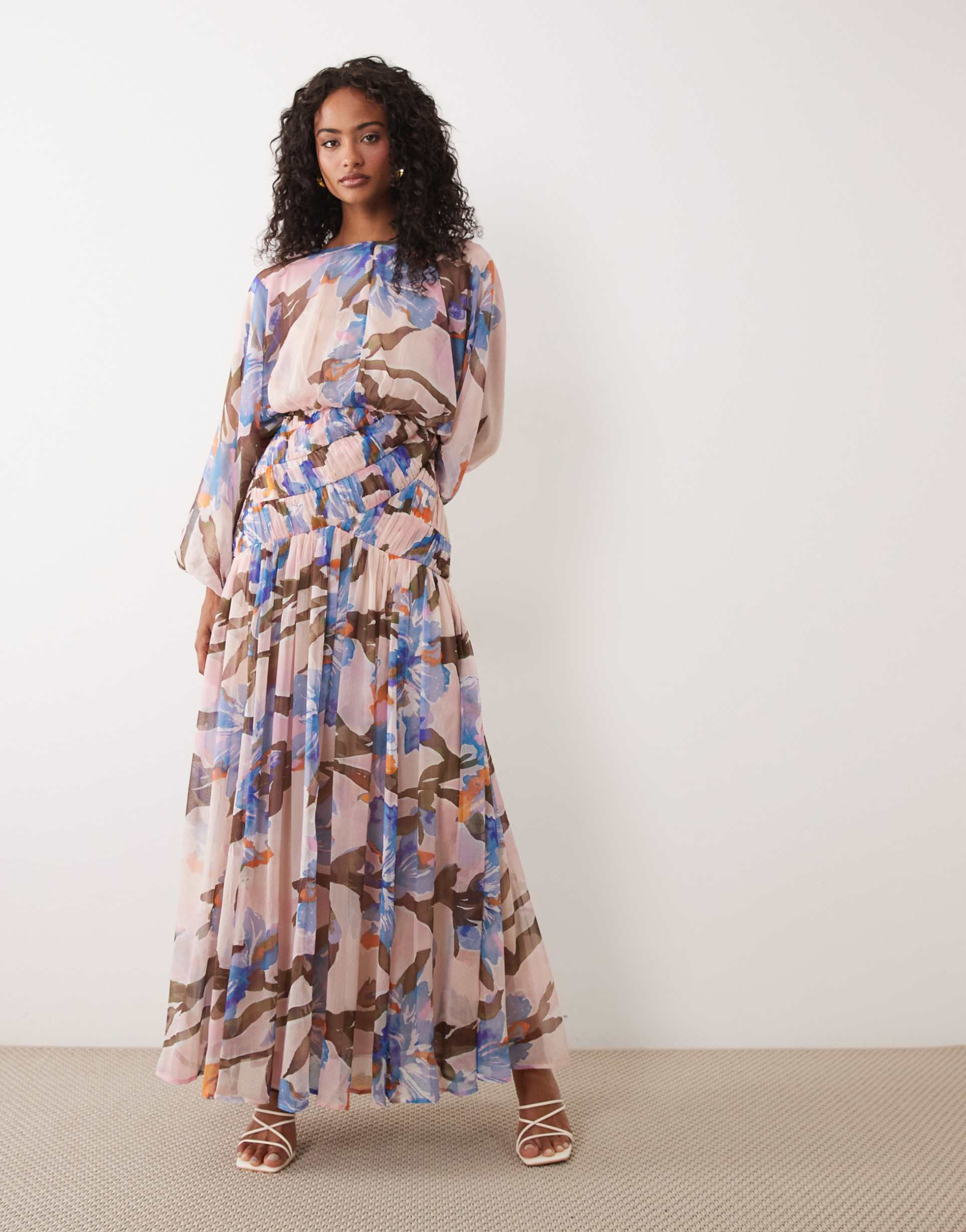 asos design long sleeve blouson maxi dress with gauged ruched waist detail in romantic floral print