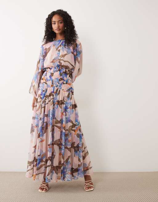 ASOS DESIGN long sleeve blouson maxi dress with gauged ruched waist detail  in romantic floral print | ASOS