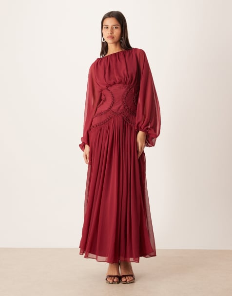 ASOS DESIGN long sleeve blouson maxi dress with lattice trim bodice in burgundy - view 1