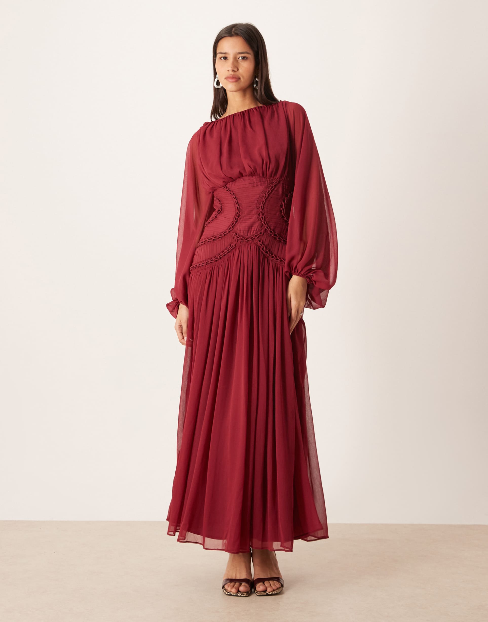 asos design long sleeve blouson maxi dress with lattice trim bodice in burgundy