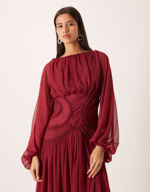 ASOS DESIGN long sleeve blouson maxi dress with lattice trim bodice in burgundy, 3 of 4
