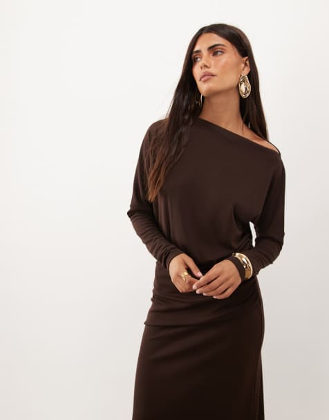 ASOS DESIGN long sleeve blouson midi dress in chocolate brown - view 1