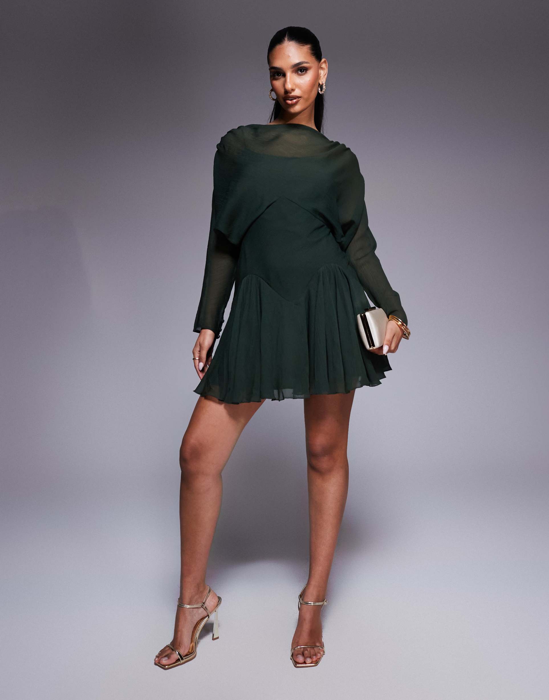 asos design long sleeve blouson mini dress with godets in khaki green