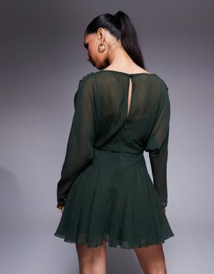 Asos Design Long Sleeve Blouson Mini Dress With Godets In Green