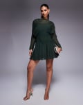 [ASOS DESIGN] ASOS DESIGN long sleeve blouson mini dress with godets in khaki-Green 12 KHAKI