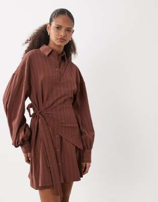Asos Design Long Sleeve Blouson Tie Waist Mini Shirt Dress In Brown