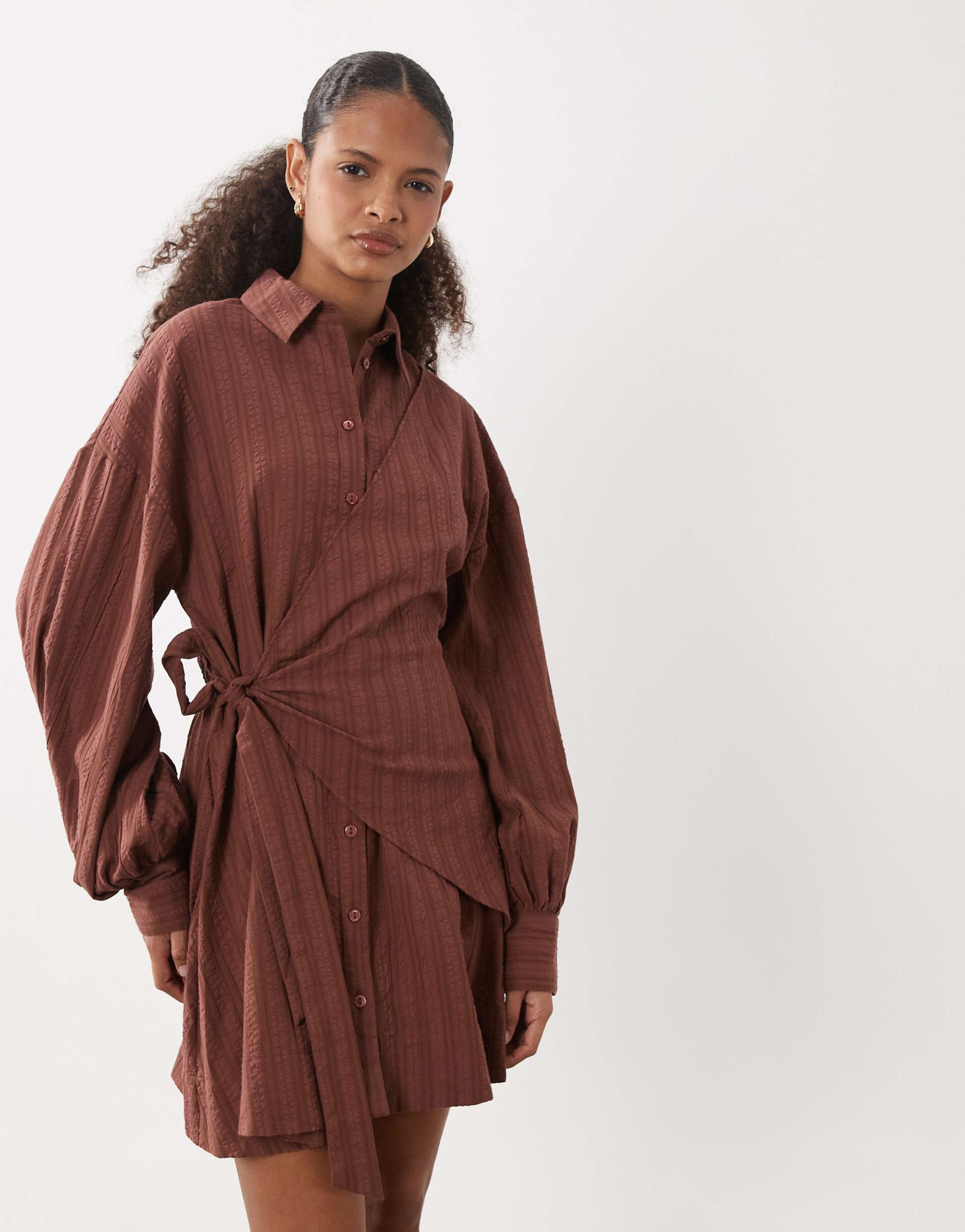 asos design long sleeve blouson tie waist mini shirt dress in brown
