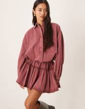 ASOS DESIGN off the shoulder cinched asymmetric neckline long sleeve top in plum