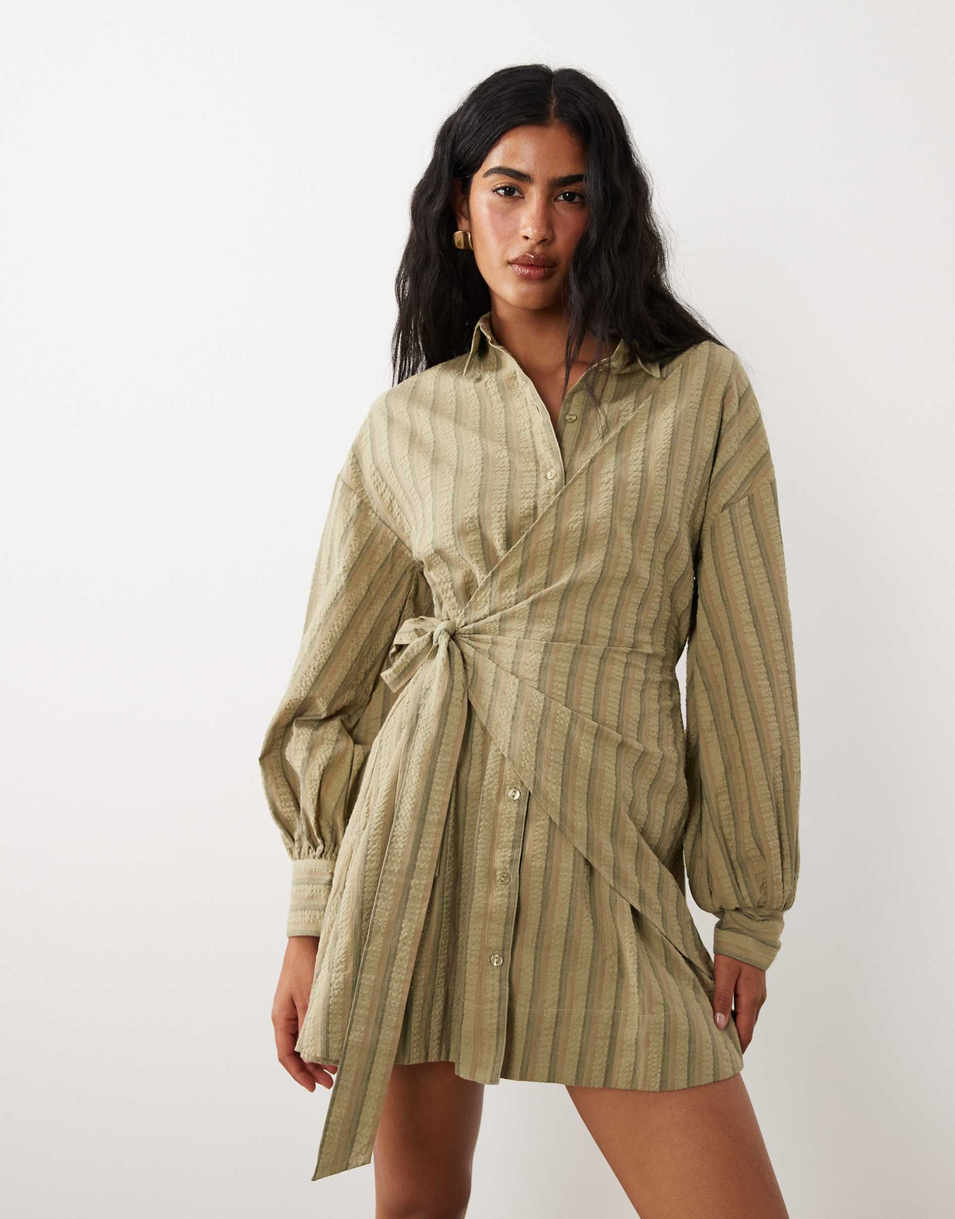 asos design long sleeve blouson tie waist mini shirt dress in khaki stripe