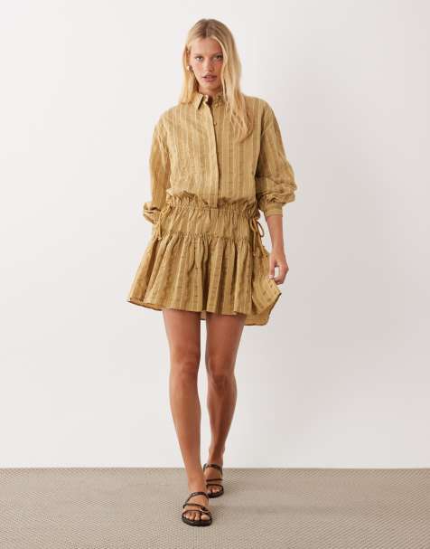 ASOS DESIGN long sleeve blouson tie waist mini shirt dress in khaki stripe - view 1