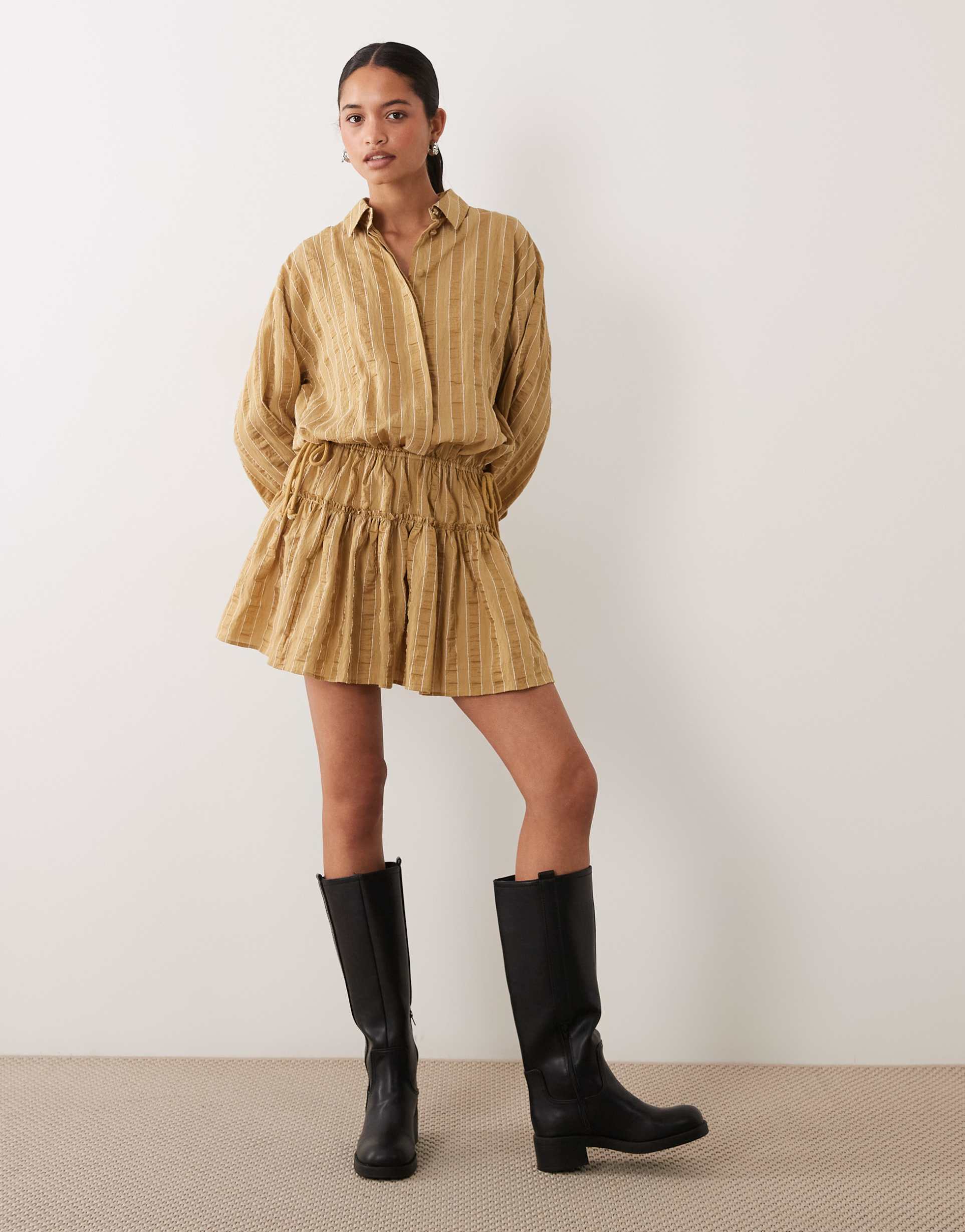 asos design long sleeve blouson tie waist mini shirt dress in khaki stripe