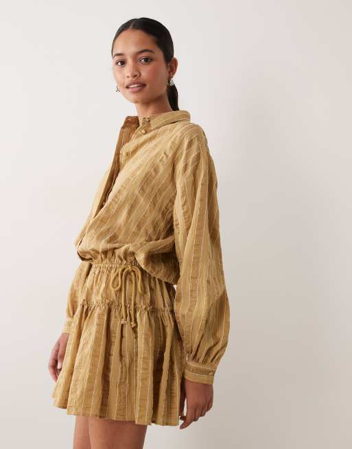 ASOS DESIGN long sleeve blouson tie waist mini shirt dress in khaki stripe, 2 of 4