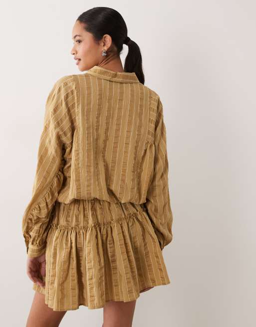 ASOS DESIGN long sleeve blouson tie waist mini shirt dress in khaki stripe, 4 of 4
